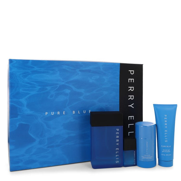 Perry Ellis Pure Blue Gift Set  3.4 oz Eau De Toilette Spray + 3 oz Shower Gel + 2.75 oz Deodorant Stick + .25 oz Travel EDT Spray For Men by Perry Ellis