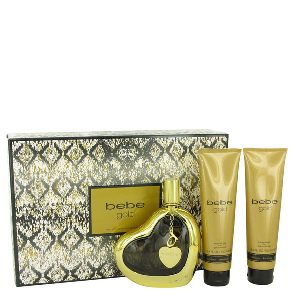 Bebe Gold Gift Set - 3.4 oz Eau De Parfum Spray + 3.4 oz Body Lotion + 3.4 oz Shower Gel For Women by Bebe