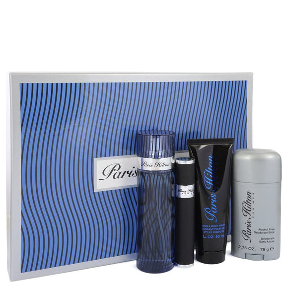 Paris Hilton Gift Set  3.4 oz Eau De Toilette Spray + .34 oz Mini EDT Spray + 3 oz Hair & Body Wash + 2.75 Deodorant Stick (Alcohol Free) For Men by Paris Hilton