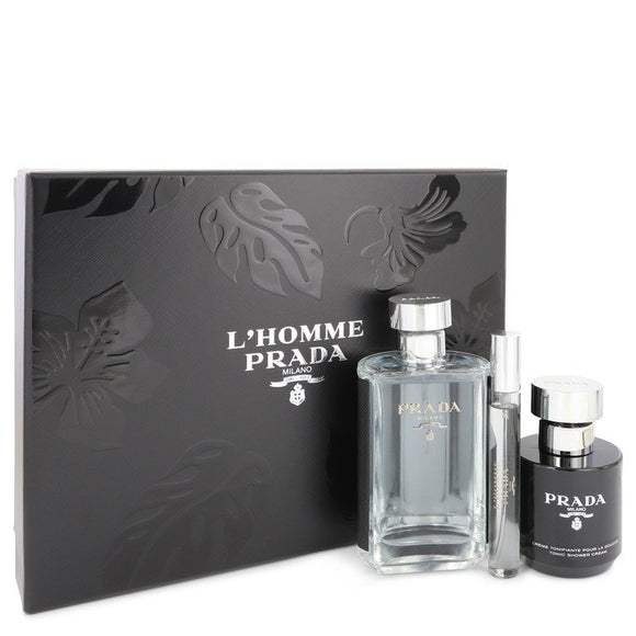 L`homme Prada Gift Set  3.4 oz Eau De Toilette Spray + .34 oz Mini EDT Spray + 3.4 oz Shower Cream For Men by Prada