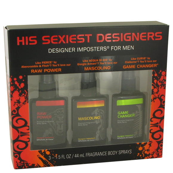 Designer Imposters Raw Power Gift Set  Sexiest Designers Set Includes Raw Power, Mascolino and Game Changer all in 1.5 oz Body Sprays For Men by Parfums De Coeur