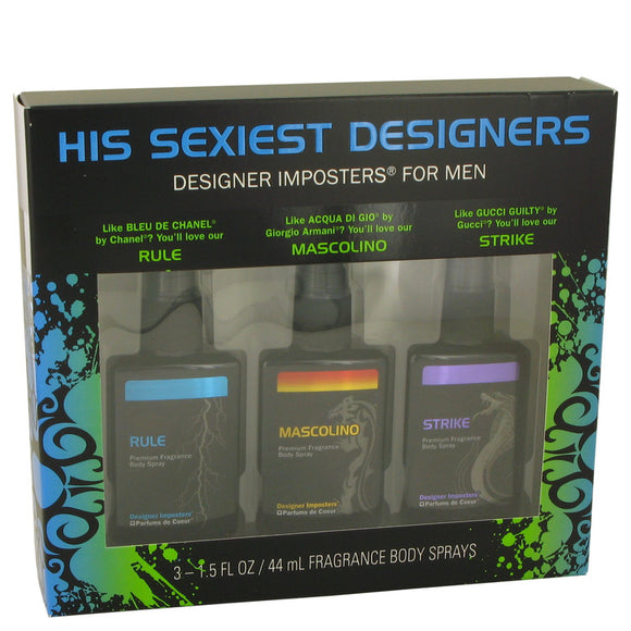 Designer Imposters Mascolino Gift Set  Sexiest Designers Set Includes Rule, Mascolino and Strike all in 1.5 oz Body Sprays For Men by Parfums De Coeur