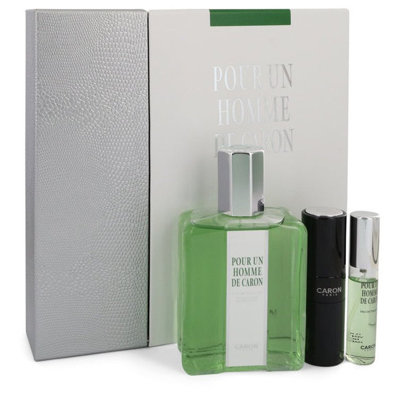 CARON Pour Homme Gift Set  6.7 oz Eau De Toilette Spray + 0.5 oz Mini EDT Spray + 0.5 oz Refillable Spray For Men by Caron
