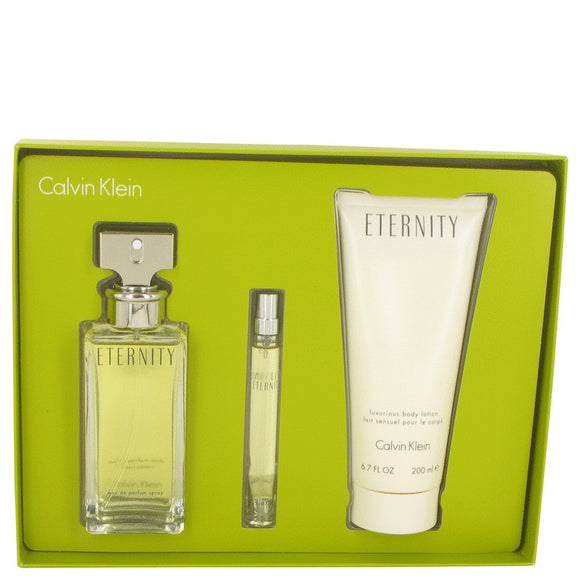 ETERNITY Gift Set  3.4 oz Eau DE Parfum Spray + 6.7 oz Body Lotion + .33 oz Pen  Mini EDP Spray For Women by Calvin Klein