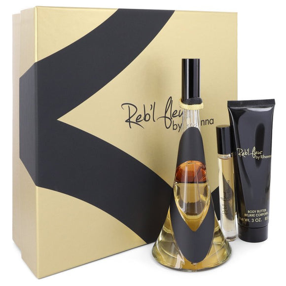 Reb`l Fleur Gift Set  3.4 oz Eau De Parfum Spray  + .2 oz EDP Roller Ball Pen + 3 oz Body Butter For Women by Rihanna