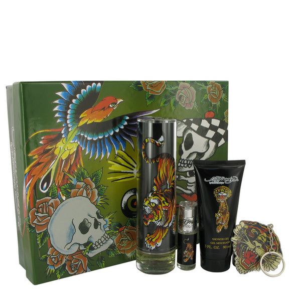 Ed Hardy Gift Set  3.4 oz Eau De Toilette Spray + 3 oz Shower Gel + .25 oz Mini EDT + Keychain For Men by Christian Audigier