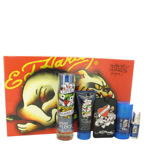 Love & Luck Gift Set  3.4 oz Eau De Toilette Spray + 3 oz Hair & Body Wash + 2.75 oz Deodorant Stick + .25 oz Mini EDT Spray + Luggage Tag For Men by Christian Audigier