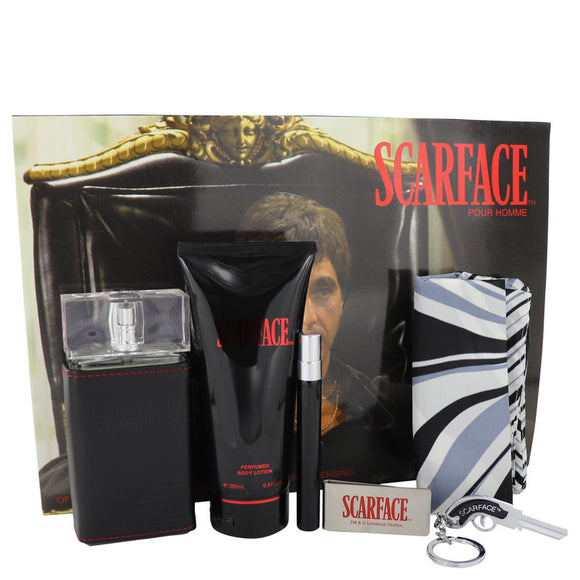 Scarface Al Pacino Gift Set  3.4 oz Eau De Toilette Spray + 6.8 oz Body Lotion + .34 oz Mini EDT Spray + Money Clip+ Key Chain + Designer Scarf For Men by Universal Studios