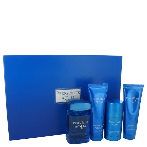 Perry Ellis Aqua Gift Set - 3.4 oz Eau De Toilette Spray + 2.75 oz Deodorant Stick + 3 oz After Shave Gel + 3 oz Shower Gel For Men by Perry Ellis