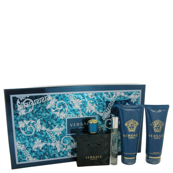 Versace Eros Gift Set - 3.4 oz Eau De Toilette Spray + 0.34 oz Mini EDT Spray + 3.4 oz After Shave Balm + 3.4 oz Shower Gel For Men by Versace
